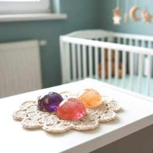 Handgemaakte Gouden Driehoek Orgonite domes in babykamer voor energetische rust en geborgenheid.