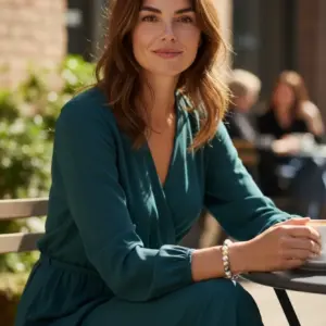 Vrouw draagt een handgemaakte zilveren parel armband met gemixte pastelkleuren voor een elegante look.