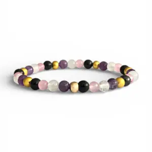 handgemaakte armband van 6mm Amethist, Bergkristal, Rozenkwarts en zwarte Shungiet kralen met gouden details op juwelierselastiek.