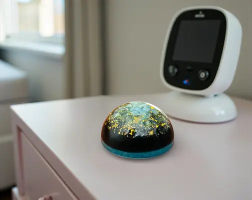 Handgemaakte Orgonite dome met zwarte Shungiet en gele Calciet van Artisan Gifts voor energetische balans. naast een babyfoon