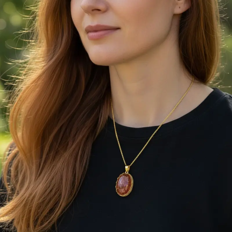 Vrouw draagt een ovale Gouden Driehoek echte Orgonite ketting hanger voor energetische balans en spirituele rust Handgemaakt Artisan Gifts