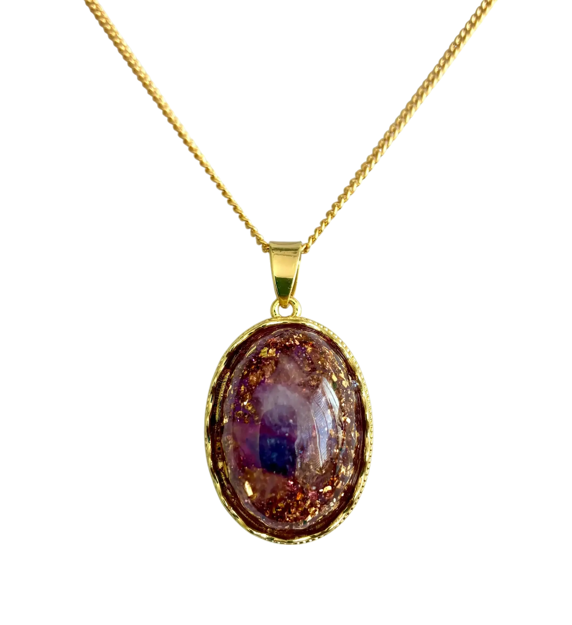 Handgemaakte Gouden Driehoek Orgonite hanger in ovale vergulde zetting met Amethist, Bergkristal en Rozenkwarts Handgemaakt Artisan Gifts