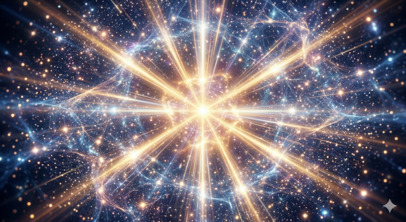 Tachyon energie visualisatie nulpuntveld sprankelend kwantumveld lichtstralen.