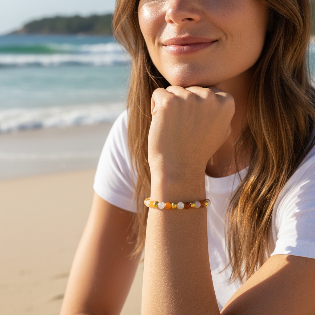 Elegant gedragen edelstenen armband met gele en witte kralen als energetisch sieraad voor het zonnevlechtchakra.