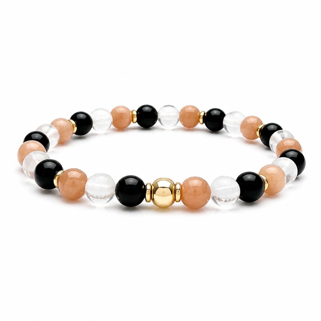 Shungiet armband yin yang met seleniet zonnesteen en gold filled goud edelsteen kralen armband zwart